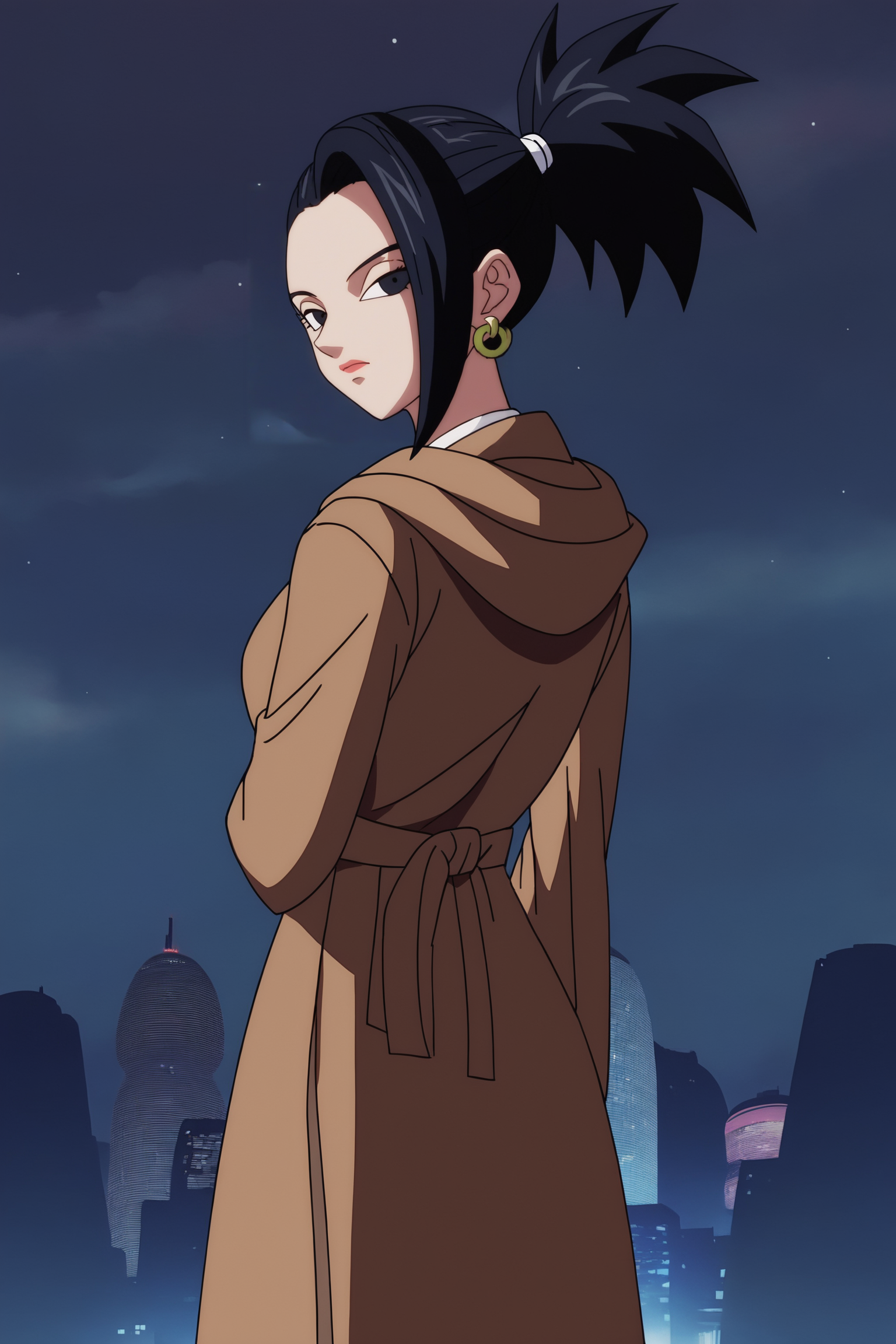 source_anime, score_9, score_8_up, score_7_up, anime screencap, absurd res, high quality,
kale, official style, 1girl, solo, looking at viewer, outdoors, cityscape, black hair, standing, decepticon, ponytail, hoop earrings, looking back, from behind, black eyes, night, brown robe, cowboy shot, arm behind back, night sky, arm at side, star \(sky\), sinister, 
 <lora:Kale_v1:0.8>