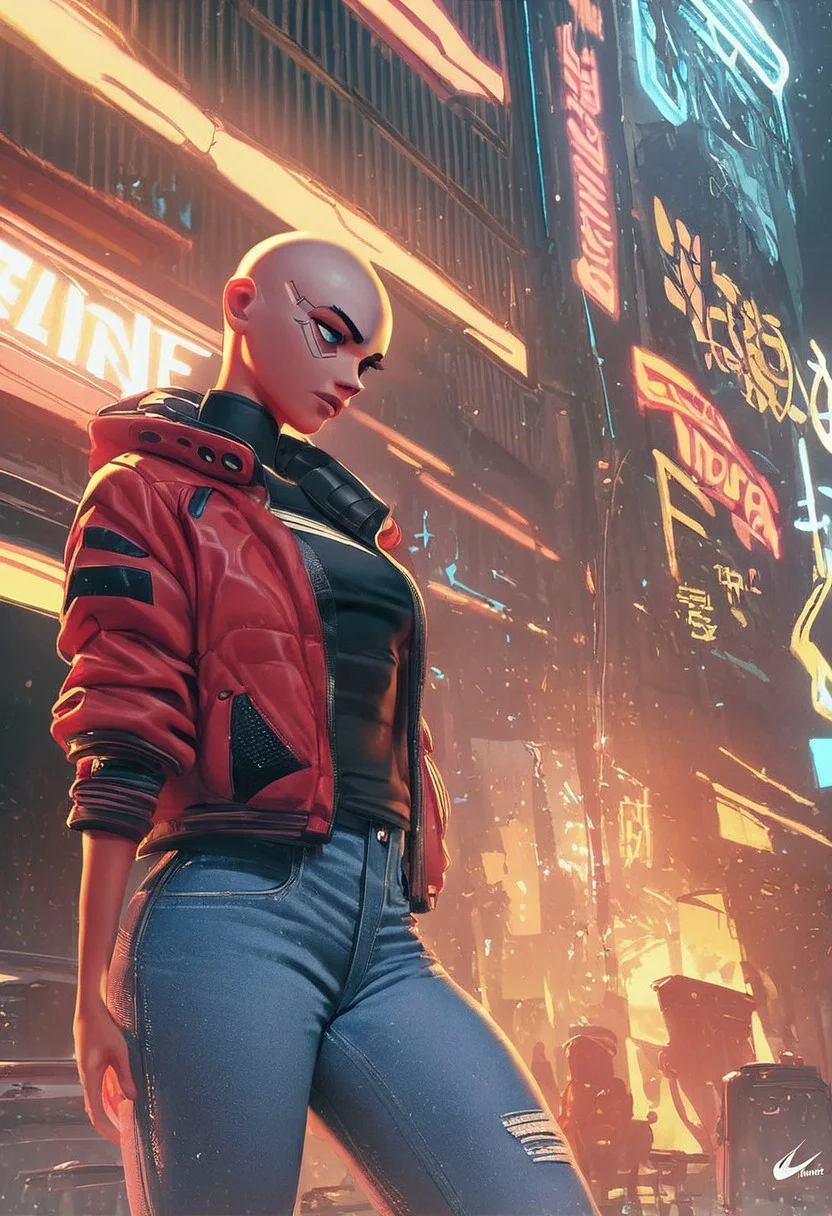 score_9, score_8_up, score_7_up, score_6_up, score_5_up, A blasian woman, bald, red jacket, jeans, nike sneakrs, 80's style, sci-fi style, 80's sci-fi, standing, cyberpunk cit in the beckground, night, neon light, looking left side,