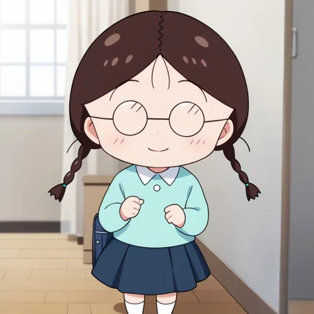 score_9, score_8_up, score_7_up BREAK TamaChan, 1girl, brown hair, braided pigtails, glasses, white-collared cyan short-sleeved shirt, blue skirt, white socks, flat yellow shoes, anime, source_anime, chibi, smiling, solo, solo focus, girl, girl focus,