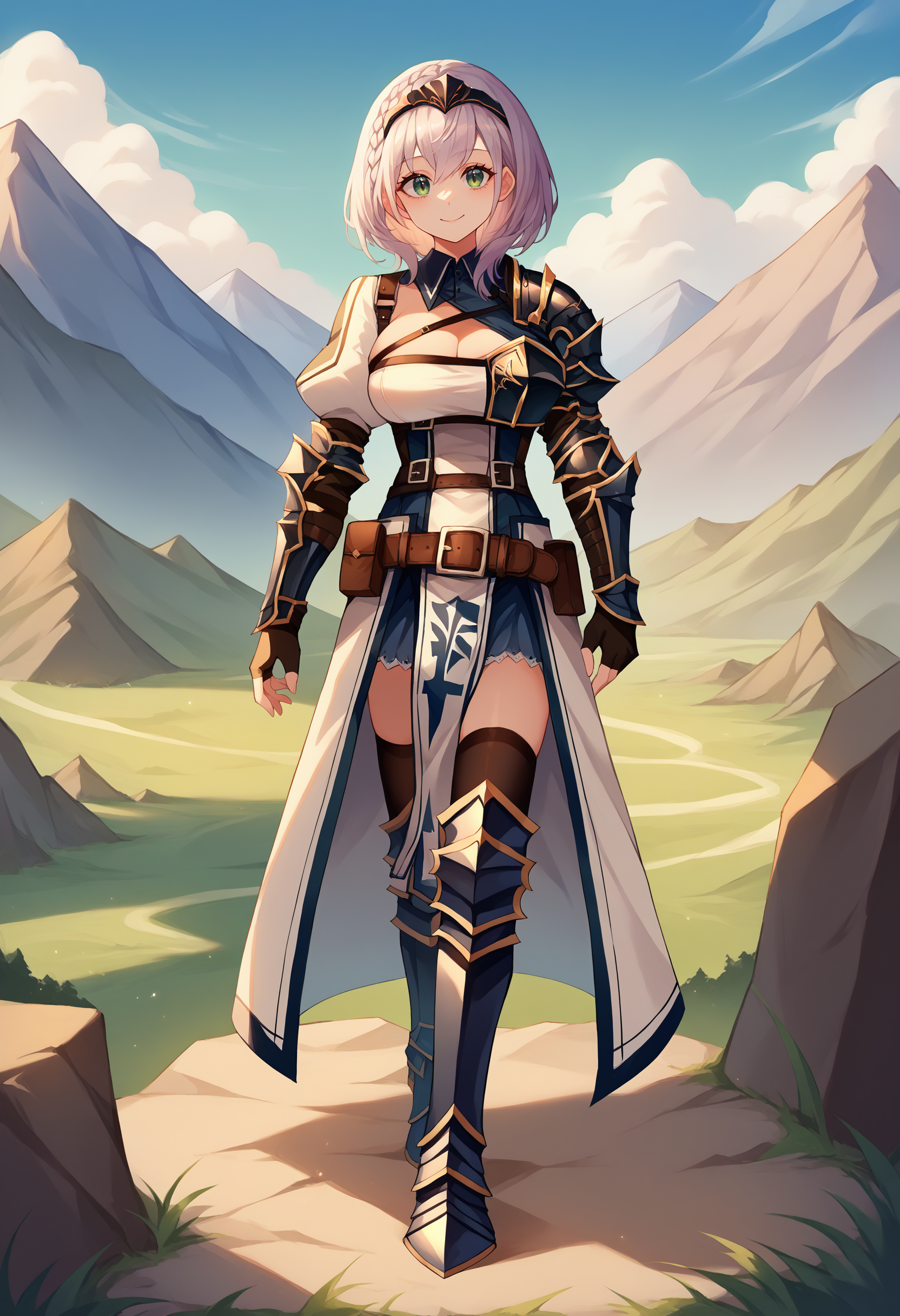 score_9, score_8_up, source_anime, 1girl, solo, NoelBase, medium hair, braid, tiara, armored dress, single pauldron, chest guard, chest strap, cleavage cutout, puffy sleeves, pelvic curtain, waist cape, leather belt, belt pouch, vambraces, fingerless gloves, black thighhighs, greaves, outdoors, mountains, fantasy, smile, standing, 
 <lora:ChamShiroganeNoelPonyXL:1>