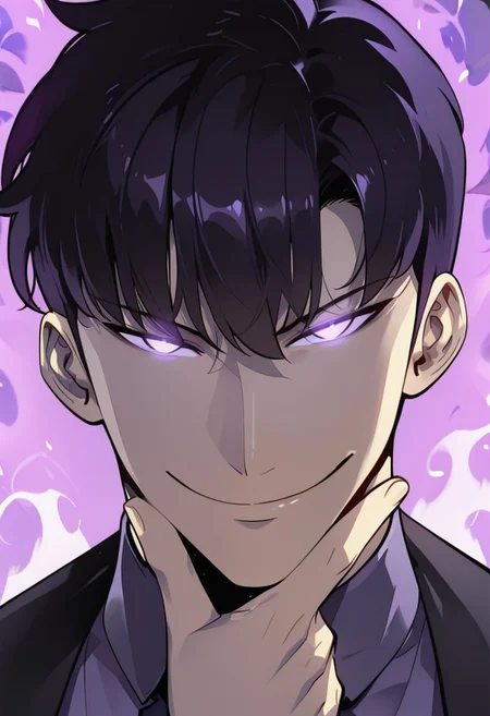 solo, portrait, man ,sung_jin_woo, pogi_pose, purple eyes, glowing eyes, smile, looking at the viewer, purple aura, best quality, masterpiece, 4k resolution, anime