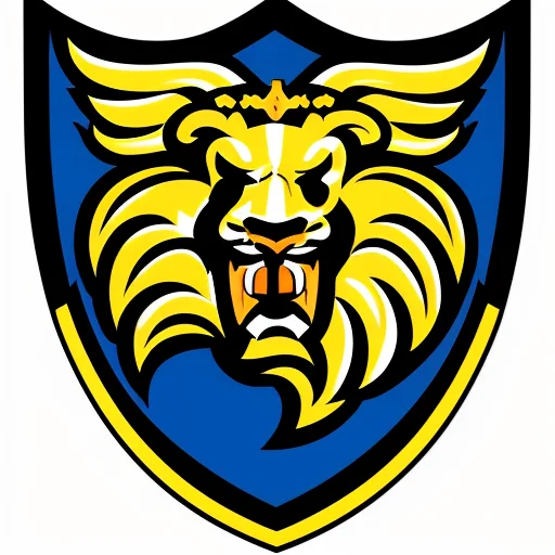 intricate, highly detailed (logo-with-face-on-shield:1), shield logo, ((((sports logo)))), ((blue and gold)) lion, lion roaring, lion with crown, black outlines