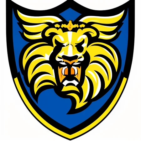 intricate, highly detailed (logo-with-face-on-shield:1), shield logo, ((((sports logo)))), ((blue and gold)) lion, lion roaring, lion with crown, black outlines