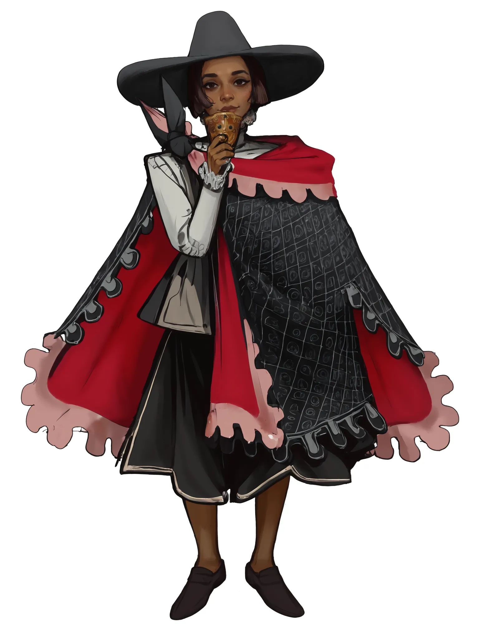 (score 9 up, score 8 up, highest score, highest quality), extreme detail, western art,
white background, simple background, hat, 1girl, standing,ull body, black headwear, dark skin, looking at viewer, short hair, black footwear, cape, shoes, long sleeves, dark-skinned female, brown hair
 <lora:[mossacannibalis] Experimental 1 image 40 Repeat 10 Epochs Lora Style Specific Image 162 Experiment PonyXL:1.15>