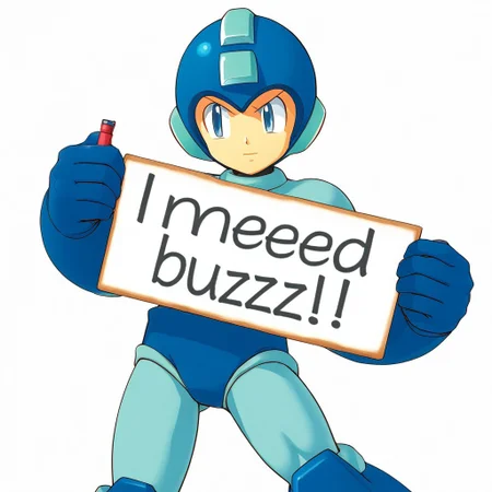need_buzz, holding sign, in kinu-sensei artstyle, tn3d, toned, athletic, white background,,mega man \(character\),helmet, bodysuit