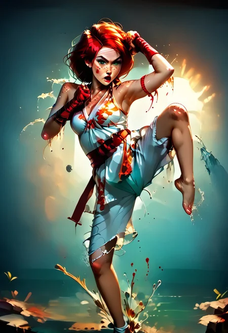 score_9, score_8_up, score_7_up, score_6_up, score_5_up, score_4_up,
BREAK
picture-perfect, best quality, detailed shading, depth_of_field, cinematic lighting, (cowboy view),
BREAK
1girl, kim_pos_V2, kim_pos_V2_face, kim_pos_V2_body, long red hair, 18 years old, (stunning green eyes), (skin detail, freckles, moles on skin:1.4),
BREAK
1boy, ninja, ninja outfit, shadowed, fighting stance, sword, dodge girl
BREAK
1girl, leaping flying karate kick ninja, feet off ground, ((teep fighting stance,martial arts, incoming attack, ((mid air, dynamic, motion blur, blood splashes)))), jusiki, doing a high jump sidekick, doing a jump sidekick, (((jump at viewer))), perfect makeup, ((random hairstyle, cotton sundress with floral print)),
BREAK
(:1.2),
BREAK
(:1.2)
BREAK
full view shot, (stable, haybales, golden sunlight, detailed multi-layered background),