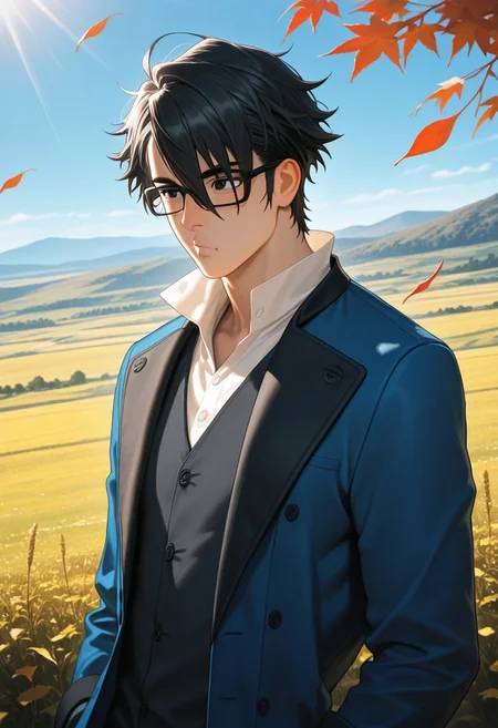 masterpiece, best quality, amazing quality, absurdres, newest, detailed background, definition so sharp, Ultra-HD, 8K cinematic, very awa, impressionate, amazing quality, highres, d10w21ll,
solo, male focus, manly, mature male, bara, day, blue sky, outdoor, sunbeam, windy, flying leaf,
1boy, short hair, glasses, saruhikofushimi, saruhiko_black hair, saruhiko_black eyes, blue coat, collared shirt, o3o, depth on field, upper body, focus on scene, landscape, wide angle perspective