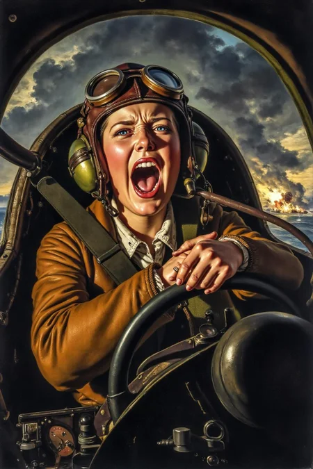 josephwright1 painting.
A female pilot screaming inside the cockpit of a World War II bomber. The pilot, wearing a vintage leather flight helmet with goggles and a bomber jacket, grips the controls with white-knuckled hands. Her face is contorted in a mix of fear and determination as she yells, her eyes wide with adrenaline. The cockpit is cramped and filled with old-fashioned dials and gauges, with the outside view showing dark stormy clouds and distant anti-aircraft fire
<lora:josephwright1_cap_d6a3e12:1.0><lora:849159003341598825:0>