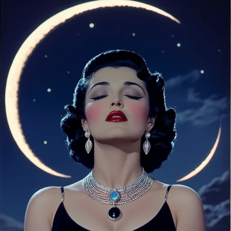 <lora:30sTechnicolorMovieV2SDXL:1> ArsMovieStill, movie still from a 1930s technicolor movie, The image shows a woman in a black dress with a necklace and earrings standing in front of a crescent moon., 1girl, jewelry, closed eyes, solo, necklace, moon, black hair, makeup, earrings, lipstick