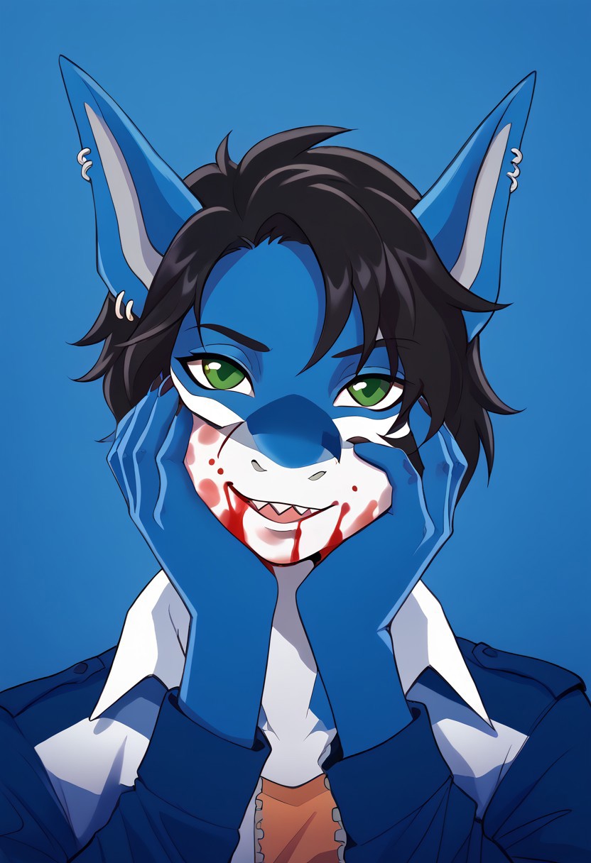 <lora:Scappo_Style_v2_PonyXL:0.8> by scappo, scappo,  score_9, score_8_up, score_7_up,1boy, lunarsunxl,  anthro shark,dark blue skin, stripes on the body, short hair,lush hair,black hair, green eyes, shark tail, ear piercing, BREAK, light jacket, <lora:yandere_trance_v1_pruned:1>, yandere trance, closed mouth, open mouth, head tilt, close-up, <lora:Projekt_Melody_for_PonyXL:1>, blood on face, blood on hands, excessive blood, bark blue background, high resolution, Masterpiece, detailed,Shark teeth,