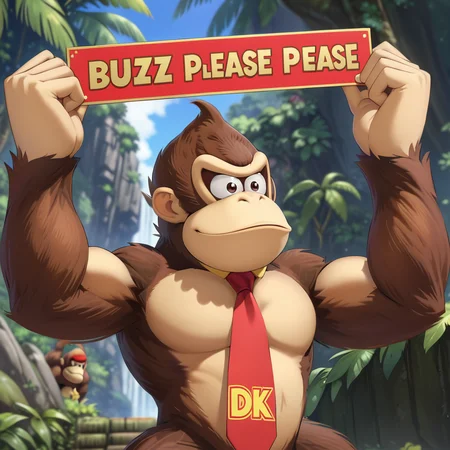donkeykongxl holding a sign that says ("BUZZ Please") , <lora:DonkeyKongXL:.75> red necktie, <lora:texta:0.9>, "DK" tie red, ape, (anime, masterpiece, intricate:1.3), (best quality, hires textures, high detail:1.2), (4k),(incredibly detailed:1.4),UHD, 8K, ultra detailed