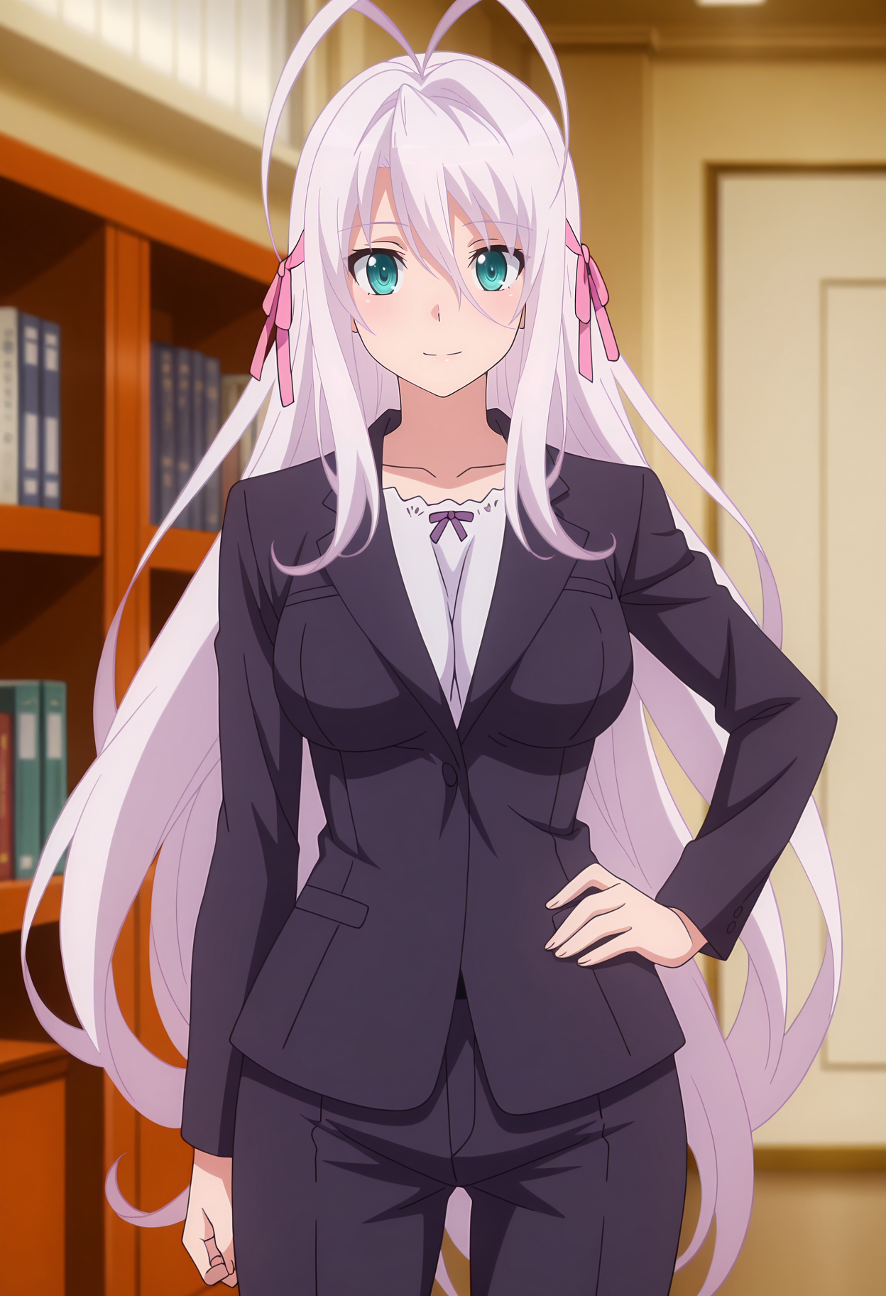 anime screencap, masterpiece, best quality,
<lora:HighSchoolDxDHERO_Rossweisse_IlluXL:0.9>,
1girl, solo, light smile, light blush,
very long hair, white hair, antenna hair, aqua eyes, hair ribbon, pink ribbon,
RossweisseSuit, black suit, black pants,
hand on own hip, standing, looking at viewer, cowboy shot,
blurry background, indoors, office, bookshelf