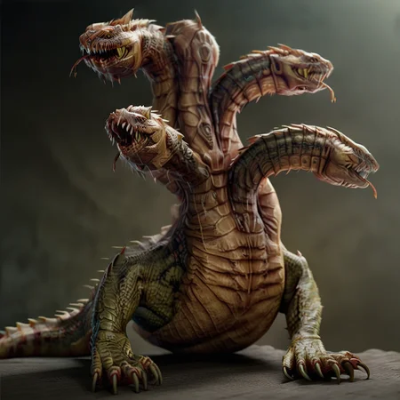 Hydra, monster, creature, Multiple heads, long neck, reptile, lizard, (UHD, 8K, ultra detailed, looking at the camera, highly detailed, best quality, best aesthetic, high detail, amazing detail, masterful, work of a master, highly detailed background, shallow depth of field, photorealistic, RAW image, 8k high resolution, ray tracing, realistic, mid day, volumetric lighting),