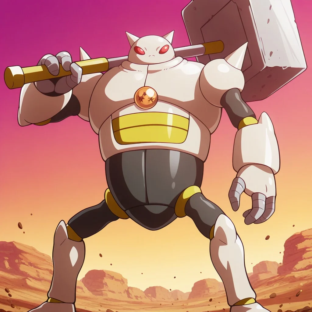 masterpiece, best quality, amazing quality, official style, t4m4gamithree, male, solo, robot-like, grey body, red eyes, horns, spikes on shoulders, 3 fingers, holes in palms, beige armor, two-tone armor, three-star dragon ball, dragon ball in chest, large hammer, yellow handle, standing, serious, hammer over shoulder, outdoors, dirt