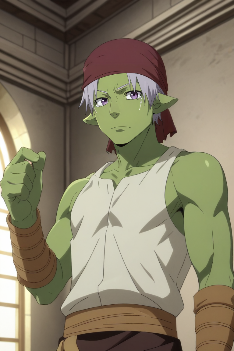 score_9, score_8_up, score_7_up, source_anime, rating_safe, intricate details, anime screencap, , official style, looking at viewer, , 1boy, solo, male focus, <lora:rigur_tensura_pony:0.96>, rigur_tensura, grey hair, purple eyes, pointy ears, colored skin, green skin, goblin, bandana, , , from below, castle, dawn, (dynamic pose), tearing up, , <lora:sdxl_lightning_8step_lora:1>