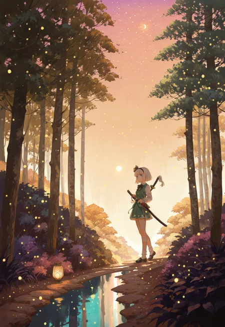 safe_pos, source_anime, high res image, masterpiece, best quality, very awa, absurdres, perfect quality, newest, HDR, highres, scenic, ultra detailed face, detailed eyes,
BREAK 1girl, konpaku youmu, solo, white hair, short hair, blunt bangs, blue eyes, hairband, hair ribbon, black ribbon, black bowtie, white shirt, collared shirt, green vest, green skirt, socks, katana, (detailed katana:1.2), drawing a katana, unsheathing a katana
BREAK riverside, lantern, moon light, (soft lighting:1.1), stars, lantern light, fireflies, trees, path, bushes, pastel colors, gradient color, cozy atmosphere, warm tone