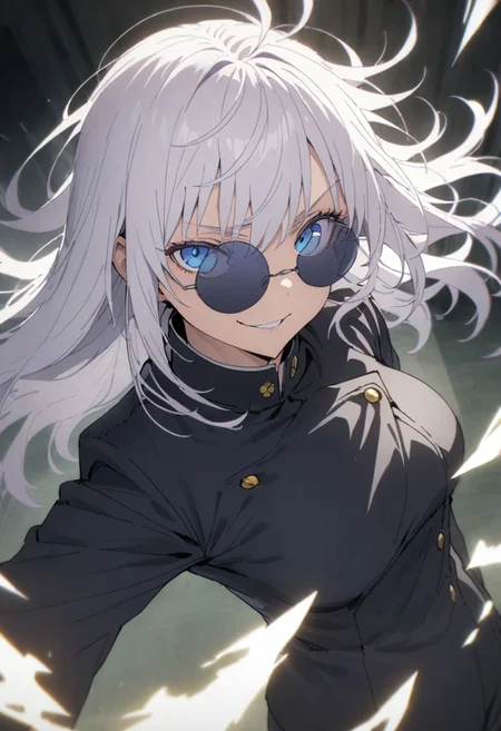 score_9, score_8_up, score_7_up, score_6_up, masterpiece, best quality, absurdres, cinematic, dynamic angle, perfect composition, solo, 1girl, medium breast, gojou satoru, blue eyes, white hair, long hair, round sunglasses on head, jacket, black jacket, gakuran, school uniform, high collar, smirk, standing, looking at viewer,
