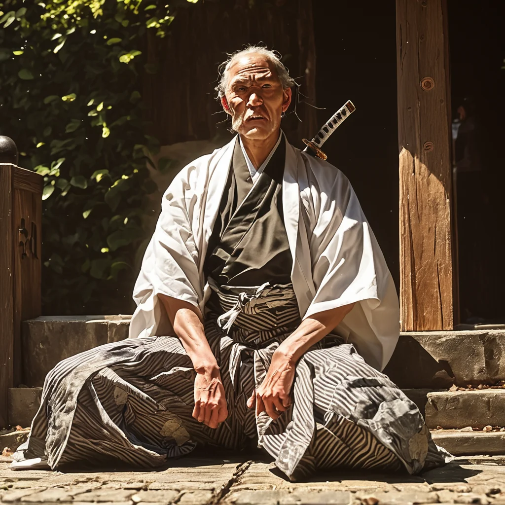 <lora:Hakama_-_Panache:1>pattern hakama, old veteran samurai, solo, seated, posing for photo, silver plate, daguerrotype, samurai, bushido, kimono, vintage photo, katana, wakizashi, kataginu, tabi, grand, ornate, top knot, village in background, black and white, sepia, worn stained, score_9,score_8_up,score_7_up, <lora:Dramatic Lighting Slider:2> fighting stance, bloodied, enraged, Edo period