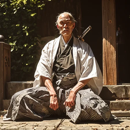 <lora:Hakama_-_Panache:1>pattern  hakama, old veteran samurai, solo, seated, posing for photo, silver plate, daguerrotype, samurai, bushido, kimono, vintage photo, katana, wakizashi, kataginu, tabi, grand, ornate, top knot, village in background, black and white, sepia, worn stained, score_9,score_8_up,score_7_up, <lora:Dramatic Lighting Slider:2> fighting stance, bloodied, enraged, Edo period