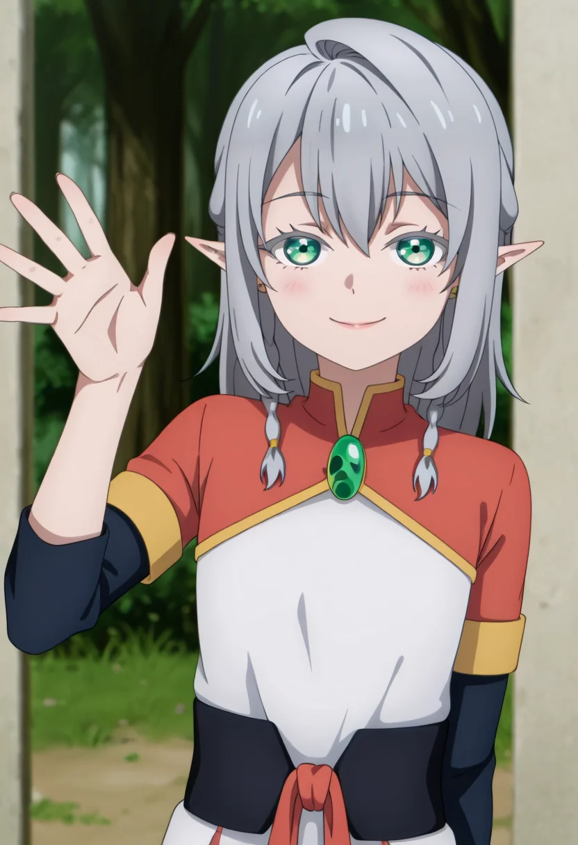 <lora:Young Tessia_IL:1>Young Tessia, 1girl, gray hair, pointed ears, elf, green eyes, white asymmetrical dress with yellow trim, red sash waist tie, black long-sleeve undershirt, green gem pendant necklace, white thigh-high socks, black crisscross strap shoes
Urban retreat with cherry blossom trees,seductive smile , waving to the viewer, upper body,