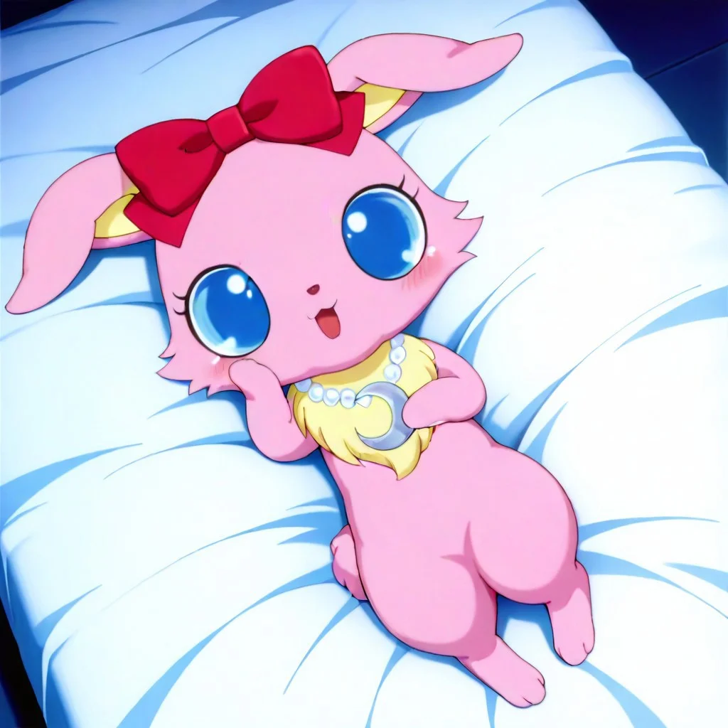 Full Body, 1 girl,luna (jewelpet),luna,jewelpet, furry, no human, pink fur,blue eyes, ((yellow chest tuft)),rabbit,jewelry,centered hair bow,necklace,neck white pearl necklace,neck blue crescent moon-shaped moonstone, on bed, lying,
masterpiece, best quality, amazing quality