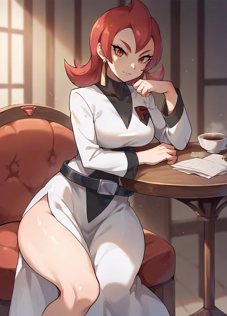 score_9, score_8_up, score_7_up, source_anime, masterpiece, 1girl, solo, ct_ar1ana, earrings, white dress, black turtleneck, belt, logo, long sleeves, looking at viewer, indoors, depth of field, shiny skin, facing viewer, sitting, side slit, thighs, table,<lora:Ariana_pokemon_pony_ct:0.9>