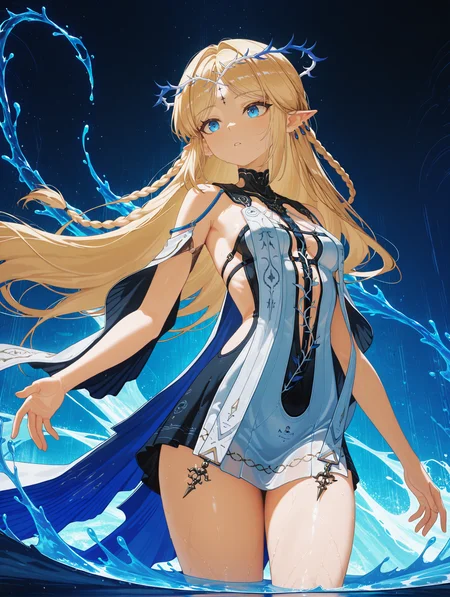 Cartethyia \(wuthering waves\), Cartethyia teen style clothes, small blue and white crown of thorns, Cartethyia white dress, black forehead mark, 1girl, blonde hair, pointy ears, long hair, blue eyes, braid, cowboy shot, abstract background, water, blue theme, 
,masterpiece,best quality,amazing quality, <lora:Cartethyia&Fleurdelys-ill-Tanger:0.6>