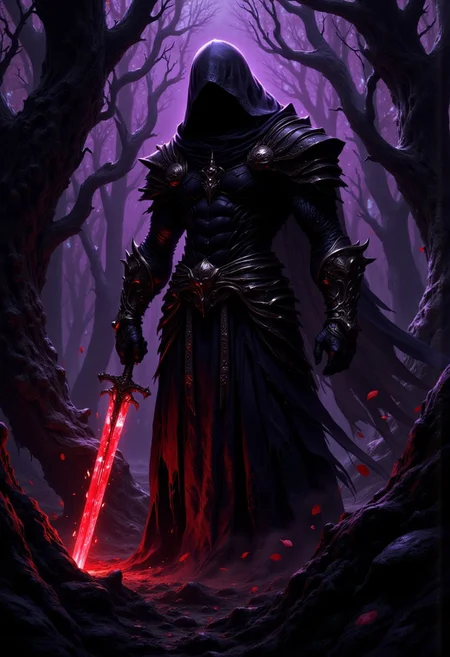 A dramatic and atmospheric dark fantasy artwork featuring a hooded figure in a tattered black cloak standing in a shadowy forest, gripping a glowing red sword that pierces the ground. The figure exudes an aura of menace and mystery, with their face obscured by a deep hood, leaving only shadows visible. The sword is the focal point, emanating an intense, fiery red glow that illuminates the surrounding dark terrain and reflects off the figureâs metallic armor pieces hidden beneath the cloak.
The forest setting is dense and eerie, with twisted, leafless trees that loom over the scene, their branches clawing at the dark purple sky. Scattered crimson leaves are caught in the air, adding movement and a sense of foreboding.
The lighting is low and moody, with the glowing red sword casting dramatic highlights and shadows across the figure and the forest.
The overall tone is dark and intense, evoking themes of power, doom, and an impending confrontation. The composition emphasizes the lone figure and the sword, creating a hauntingly beautiful yet ominous scene with a cinematic and highly detailed aesthetic.
<lora:CPA:0.5> <lora:FLUX-daubrez-DB4RZ-v2:0.3> <lora:ck-shadow-circuit:0.35> in the style of cksc, <lora:Ethereal Brush Anime v2.0:0.3> <lora:It's a LoRA for portraits, BUT! actually specialized in backgrounds. v1.0:0.15> <lora:Dark_and_sentimental:0.8> <lora:flux.1_lora_flyway_Epic-detail_v2:0.8>
