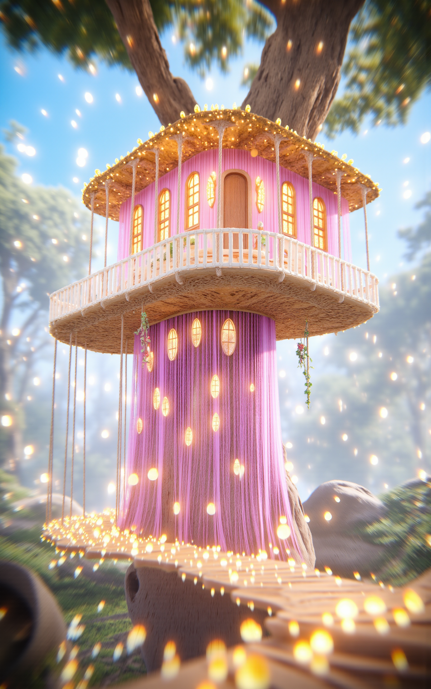 A whimsical treehouse built into the trunk and branches of a massive ancient tree,surrounded by an enchanted glowing forest. Golden sunlight filters through the dense canopy,casting soft light beams and floating golden dust particles through the air. The treehouse features fantasy architecture: glowing mushrooms,stained glass windows,vine-covered wooden beams,and delicate balconies. Full panoramic wide-angle view showing the treehouse nestled within the magical forest,dreamy and luminous daytime atmosphere,<lora:aidmaMJ6.1_v0.5_3:0.6>,aidmaMJ6.1,<lora:detailifier_sd3.5:1>,detailifier,