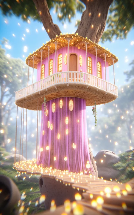 A whimsical treehouse built into the trunk and branches of a massive ancient tree,surrounded by an enchanted glowing forest. Golden sunlight filters through the dense canopy,casting soft light beams and floating golden dust particles through the air. The treehouse features fantasy architecture: glowing mushrooms,stained glass windows,vine-covered wooden beams,and delicate balconies. Full panoramic wide-angle view showing the treehouse nestled within the magical forest,dreamy and luminous daytime atmosphere,<lora:aidmaMJ6.1_v0.5_3:0.6>,aidmaMJ6.1,<lora:detailifier_sd3.5:1>,detailifier,