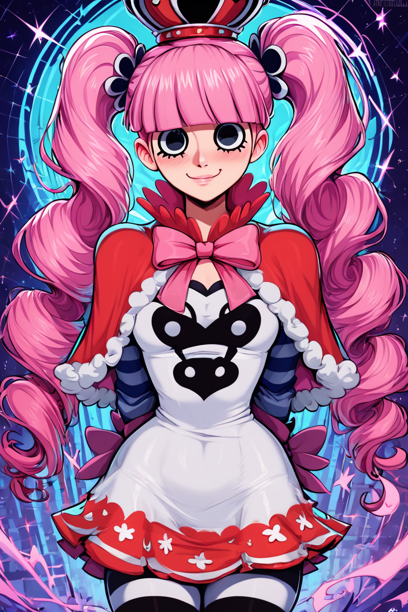 score_9, score_8_up, score_8, medium breasts, (curvy), cute, eyelashes,       BREAK, ,  zzPerona,  black eyes, long hair, twintails, pink hair, blunt bangs, drill hair,   crown, capelet, skirt, shirt, red capelet, striped, crop top, long sleeves, bow, <lora:Perona_OnePiece_PDXL:0.8>, , BREAK, <lora:Afrobull_PDXL_v4:0.8>,  ,,, BREAK, smile, looking at viewer, closed mouth, cowboy shot,  ,,, embedding:zPDXL, Expressiveh, ,,, <lora:SDXLFaeTastic2400:0.5>, <lora:Expressive_H-000001:0.4>,