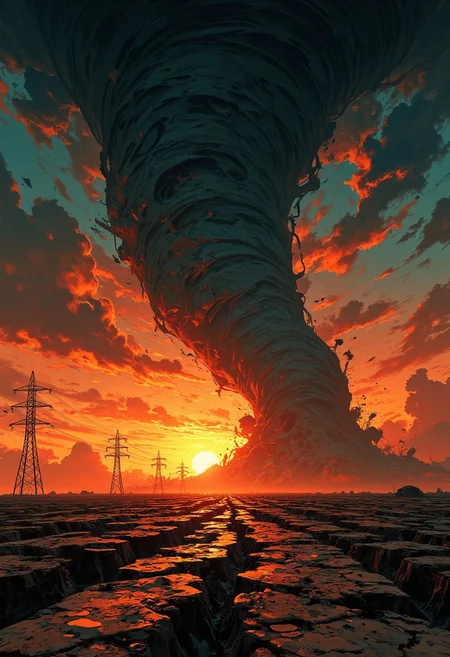 A breathtaking cinematic masterpiece in the style of Studio Ghibli, blending retro comic art with hyperrealistic detail. A vast, fractured farmland stretches beneath a stormy twilight sky, illuminated by dramatic platinum-hued holy lighting and eerie black-light accents. Towering electric transfer towers stand stoic and buffed, their sleek forms cutting through the chaotic scene like silent sentinels. In the distance, a colossal swirling tornado dominates the frame—it's a wide vortex made of dust and debris tearing violently through the landscape, debris spiraling in wild, chaotic motion against a bloody sunset. The camera captures the towering funnel from a low-angle perspective, emphasizing its overwhelming scale and destructive force. Storm clouds churn with a hyper-detailed, atmospheric texture, bathed in a mix of soft orange glow and stark, shadowy contrasts. Rendered in 8K UHD, cinema-quality still shot, with a retro yet hyperrealistic art style—highly dramatic, atmospheric, and brimming with intricate details.