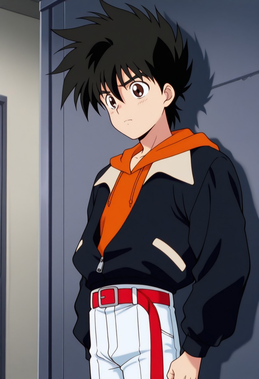 masterpiece,best quality,amazing quality, source_anime,
hayatokazami, 1boy, male focus, solo, brown eyes, black hair, hoodie, orange hoodie, hood, jacket, black jacket, partially unzipped, belt, red belt, pants, white pants,