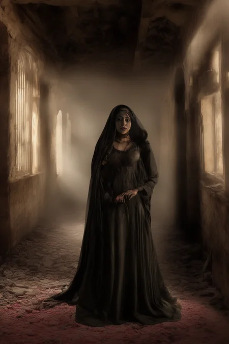 Horror-themed Hyper-realistic horror scene of a pakistani woman in market under colored lights, the photograph is ultra-detailed, with the colors and lighting creating a (Festering appearance), horror,. <lora:Horror_Scenes:.7>Decaying mansion, Gothic horror, murky gray, crumbling walls, creaking, lingering shadows . Eerie, unsettling, dark, spooky, suspenseful, grim, highly detailed