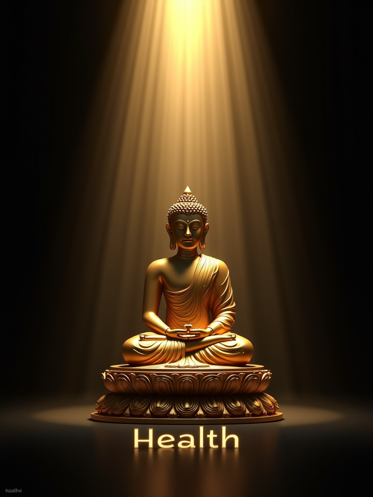 Revised Poster Design Concept: Golden Buddha Statue in Light and Shadow
Overall Style:

Dramatic Contrast: The poster will emphasize the interplay of light and darkness, showcasing the golden Buddha statue illuminated against a dark background.
Buddha Statue Design:

Pose: The Buddha will be depicted in a classic seated pose with a serene expression, embodying inner peace and wisdom.
Material Effect: The statue will have a polished, reflective gold finish that captures and amplifies light, creating a divine glow.
Background Design:

Dark Ambiance: The background will be predominantly dark—deep blacks and dark blues—to create a somber yet powerful atmosphere.
Illuminated Aura: The Buddha will be surrounded by a soft, radiant light that breaks through the darkness, casting a warm golden glow.
Light and Shadow Effects:

Directional Lighting: Focused light beams will create dramatic highlights and shadows on the statue, emphasizing its features and adding depth.
Radiant Buddha Light: The light emanating from the Buddha will create a halo effect, with rays of golden light radiating outward, illuminating the surrounding darkness.
Text:

Phrase: At the bottom of the poster, include the word: "Health".
Font Style: Use a bold, elegant font in white or soft gold that stands out against the dark background for clarity and impact.
Additional Elements:

Subtle Lotus Patterns: Incorporate faint, shadowy lotus motifs at the base of the statue or in the background, symbolizing purity and awakening.
Geometric Shadows: Add delicate, intricate geometric patterns in the shadows to enhance the artistic feel without detracting from the focal point.
Overall Effect:
This poster will convey a powerful blend of spirituality and mystery through the golden Buddha statue illuminated against a dark backdrop. The focus on the word "Health" will reinforce the themes of well-being and prosperity, while the dramatic light and shadow effects will create a captivating visual experience that invites contemplation.