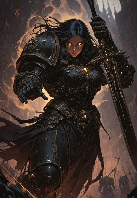 masterpiece, best quality, high quality,
newest, highres, 8K,HDR,
absurdres,
dynamic angle,
realistic,
1girl,
BlackT40k,
power armor,
long hair,
weapon,
glowing eyes,
dark fantasy,
holding sword,
floating,
ethereal aura,
white and black color scheme,
armored gauntlets,
golden ornaments,
looking at viewer,
battle stance,
supernatural energy,
shadowy background,
gothic architecture,
dynamic pose,
dramatic lighting,
detailed background,
depth of field,
foreshortening,
detailed background,
dynamic pose,
dynamic composition,
dutch angle,
foreshortening,
blurry edges,
<lora:ILLIronW40k:1>