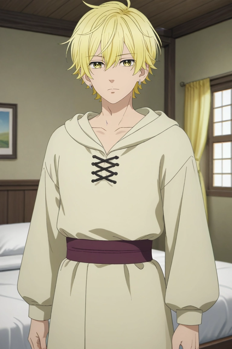 score_9, score_8_up, score_7_up, , rating_safe, intricate details, (3d:0.4), looking at viewer, 1boy, solo, male focus, <lora:kai_miura_pony:0.98>, kai_miura, blonde hair, yellow eyes, short hair, bangs, hair between eyes, earrings, , , cowboy shot, bedroom, bed, nightstand, indoors, dark, floating, expressionless, medieval costume, <lora:sdxl_lightning_8step_lora:1>