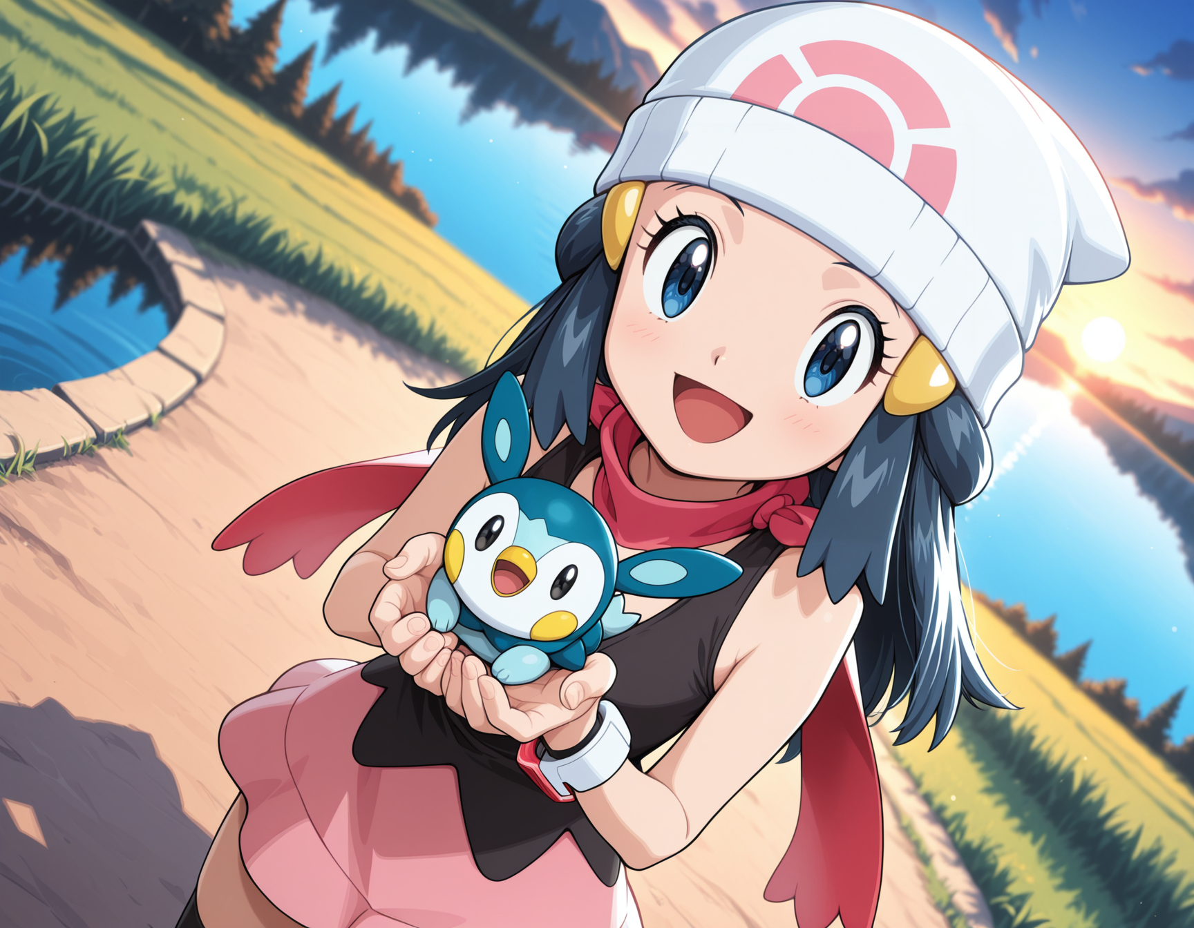 <lora:Dawn_-_Pokemon_Illustrious:0.9> masterpiece, best quality, amazing quality, very aesthetic, absurdres, depth of field, blurry background, extremely detailed face, detailed eyes, (official style:1.2), screencap,
<lora:@CFG Scale Boost:0.7>
dawn, 1girl, solo, eyelashes,
hat, skirt, thighhighs, beanie, pink skirt, sleeveless, scarf, hair ornament, black shirt, bracelet, white headwear, jewelry, black thighhighs, hairclip, sleeveless shirt, 
lake, pines, sky, clouds,
open mouth, smile, looking at viewer, holding an animal, ears, cute pose,
view from above,