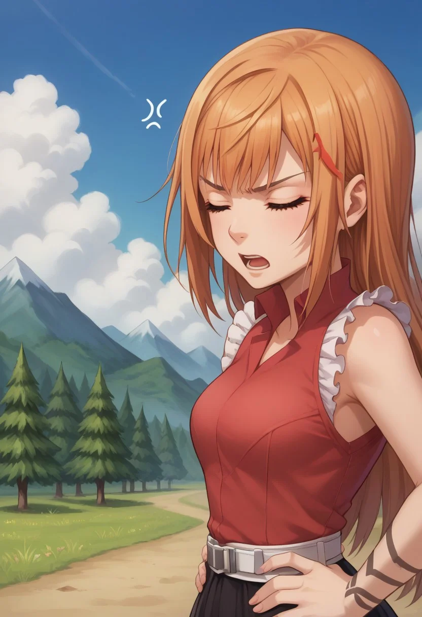 score_9, score_8_up, score_7_up, source_anime, highly detailed,
reynn, 1girl, solo, long hair, sleeveless, closed eyes, annoyed, upper body, frills, orange hair, standing, shirt, red shirt, belt, anger vein, parody, hands on hips, open mouth,
outdoor, sky, mountains, trees, clouds