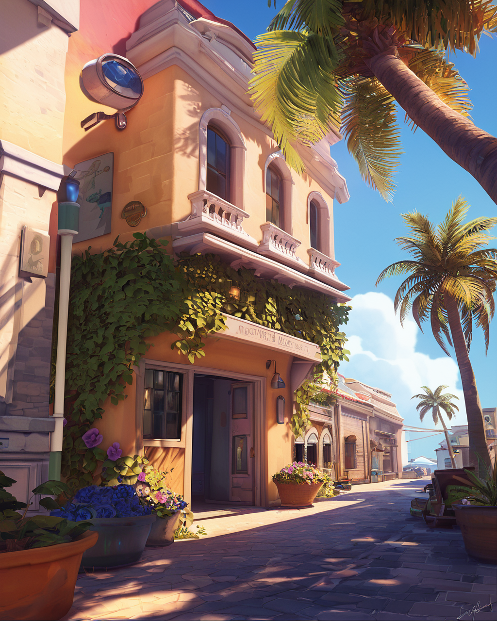 score_9, score_8_up, score_7_up, BREAK, flower, outdoors, sky, day, cloud, tree, blue sky, no humans, window, shadow, plant, ground vehicle, building, scenery, sign, palm tree, door, potted plant, road, bucket, bush, shade, house, lamppost, street, trash can, flower pot, barrel, owsstyle, <lora:OwSceneryStyle_v1:0.8>