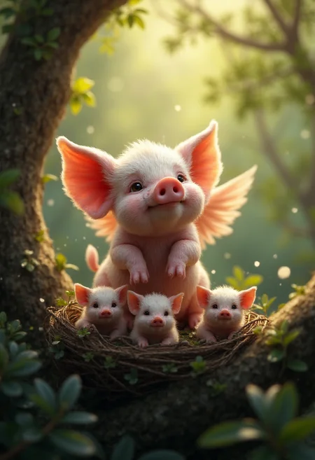 A pig with wings feeding cute little piglets with tiny wings in a nest high up a tree, Vibrant, sharp, extreme details, 8k