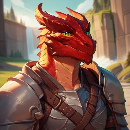(((beautiful, high quality))), upper body, score_9, score_8_up, score_7_up, solo,
looks at the viewer,
Dragonborn, furry dragon,
1boy, male focus, green eyes, red scales, armor,
outdoor, fantasy background, nature, blurred background,