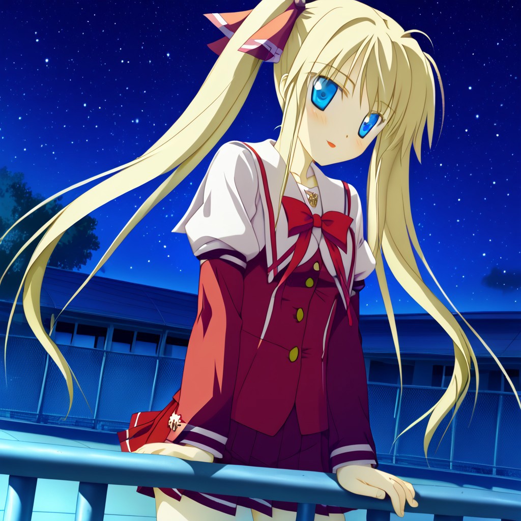 1girl, detailed eyes, masterpiece, solo, hoshi_style, hoshizora, saturated, cel-shading, toon shading, school rooftop, night time, starry sky, bg, cg, blonde twintails, blue eyes, dark red school uniform, leaning on railing, visual novel style