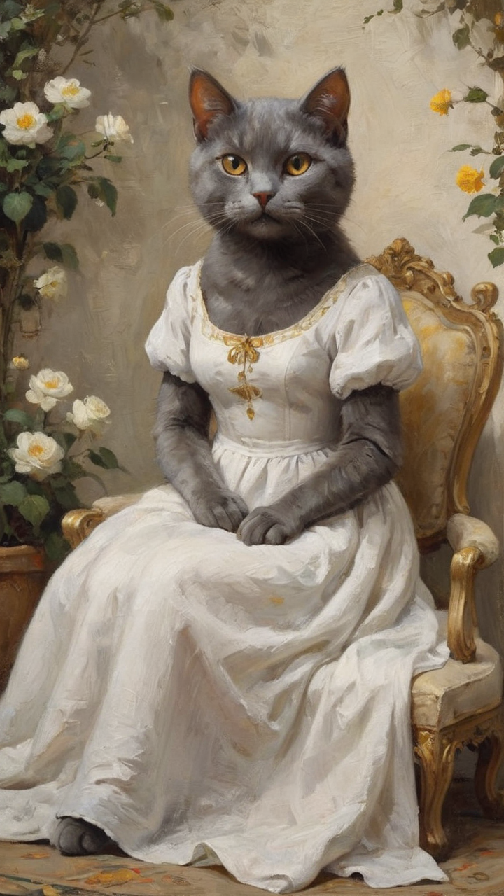vintage, a young simple humanoid dark grey female cat, sitting on the throne, white linen summer dress, golden nemen, Marvelous sophisticated exterior giving vibes of a princess garden,  <lora:ClassipeintXL2.0:1> oil painting, masterpiece, focused, best quality