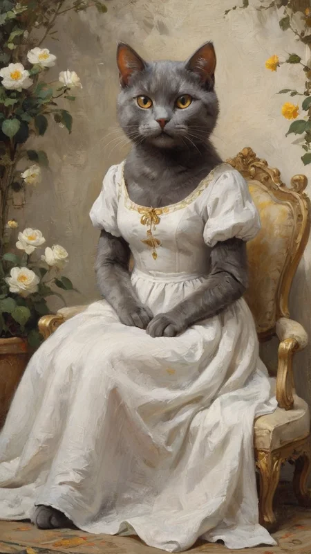 vintage, a young simple humanoid dark grey female cat, sitting on the throne, white linen summer dress, golden nemen, Marvelous sophisticated exterior giving vibes of a princess garden, <lora:ClassipeintXL2.0:1> oil painting, masterpiece, focused, best quality