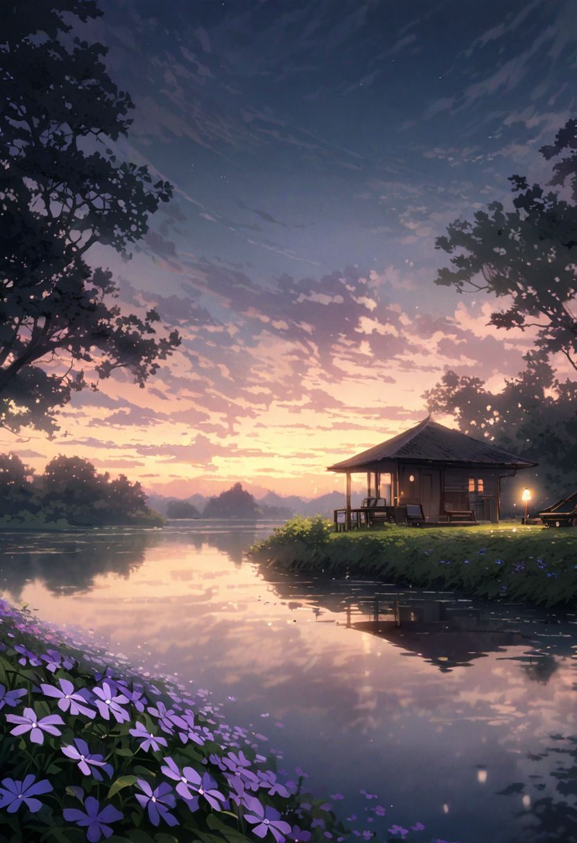 detailed background,( Calm spring night landscape), amongst lush greenery, beautiful view, creeping phlox in full bloom, creeping phlox, early morning, sunrise sky, beautiful clouds, dappled sunlight, outdoor seating, one lamp, Tranquil Lake, Boat on a Lake, depth of field, masterpiece, best quality, ultra-detailed, very aesthetic, illustration, perfect composition, intricate details, absurdres, moody lighting, wisps of light, no humans,