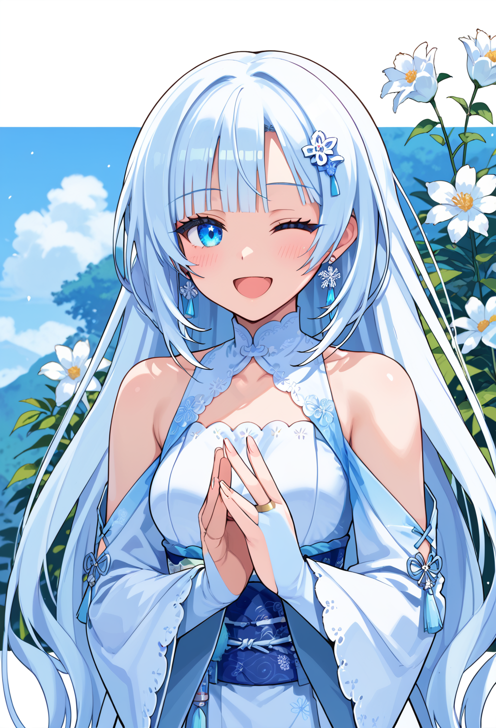 score_9, score_8_up, score_7_up, source_anime, 1girl,  solo, solo focus, portrait, 
whiteCULvvmiky, absurdly long hair,  ((flower hairclip)), fingernails, bridal gauntlets, flower earrings, white short kimono,  shoulder cutout, bare shoulders, long sleeves, 
<lora:whiteCUL_v1-rev2-000049:0.9>
blush, smile, happy, open mouth, wink,