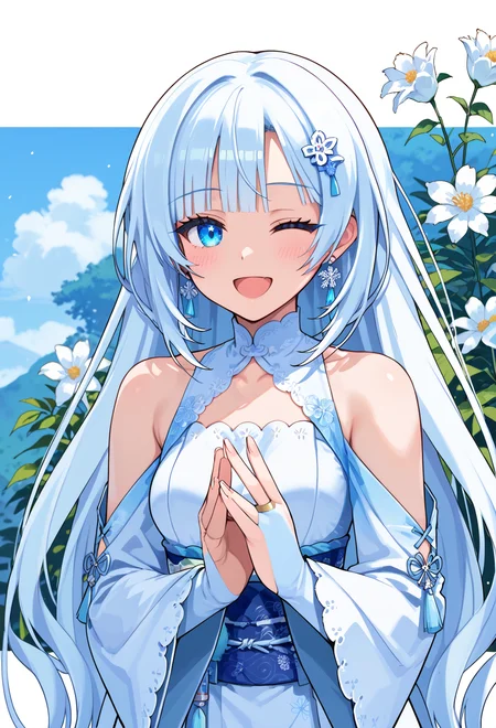 score_9, score_8_up, score_7_up, source_anime, 1girl, solo, solo focus, portrait,
whiteCULvvmiky, absurdly long hair, ((flower hairclip)), fingernails, bridal gauntlets, flower earrings, white short kimono, shoulder cutout, bare shoulders, long sleeves,
<lora:whiteCUL_v1-rev2-000049:0.9>
blush, smile, happy, open mouth, wink,