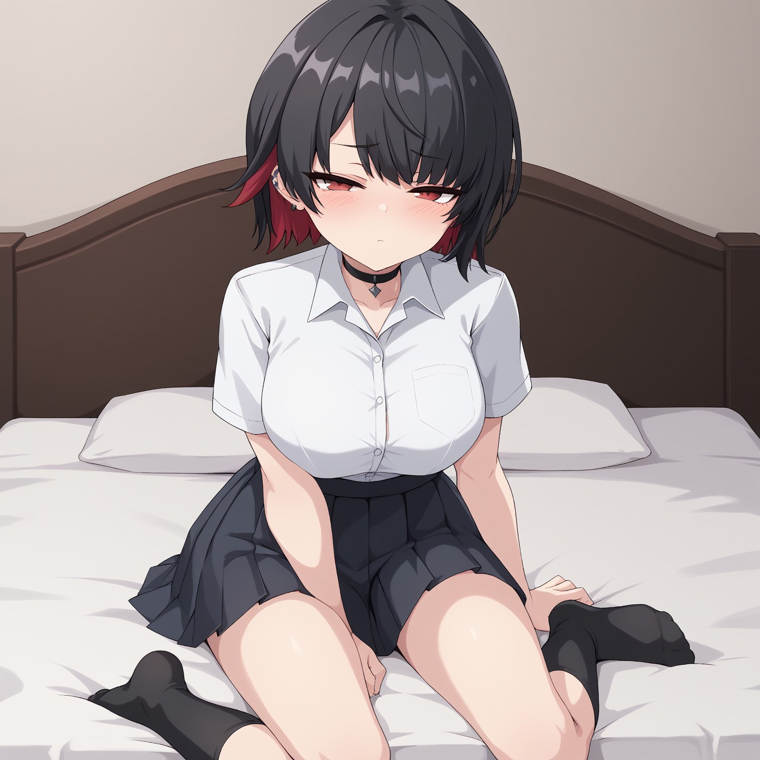 embedding:urn:air:sd1:embedding:civitai:222256@250708, 1girl, KJOellen, short hair, multicolored hair, black hair, red eyes, ear piercing, kumasteam, sitting, head on hand, elbow on leg, black socks, on bed, school uniform, white collared shirt, black pleated skirt, choker, blush, half-closed eyes, looking at viewer, 