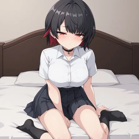 embedding:urn:air:sd1:embedding:civitai:222256@250708, 1girl, KJOellen, short hair, multicolored hair, black hair, red eyes, ear piercing, kumasteam, sitting, head on hand, elbow on leg, black socks, on bed, school uniform, white collared shirt, black pleated skirt, choker, blush, half-closed eyes, looking at viewer, 